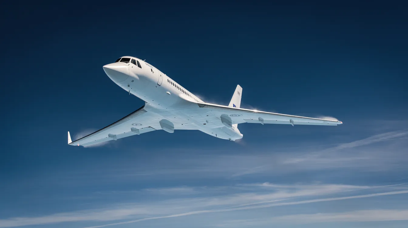 A sleek white delta-wing supersonic airliner soars gracefully against a deep blue sky, showcasing its advanced design and engineering marvel. This aircraft, reminiscent of famous planes like the Concorde, embodies the spirit of aviation history and powered flight.