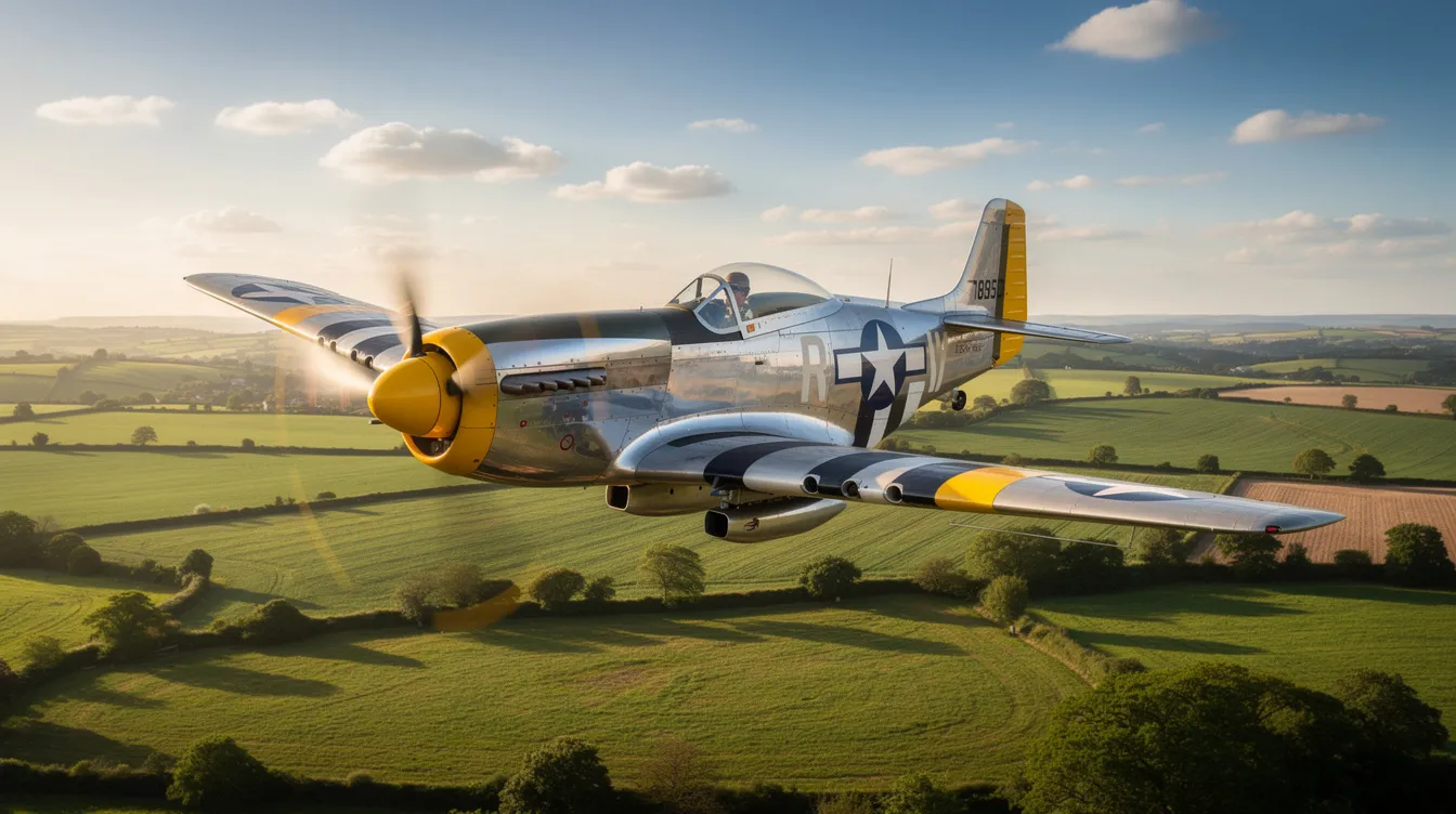 A vintage P-51 Mustang fighter plane gracefully soars over lush green rolling countryside beneath a clear blue sky, showcasing its iconic design from World War II aviation history. This aircraft, known for its advanced engineering and role in the United States Air Force, evokes a sense of nostalgia for the golden age of flight.