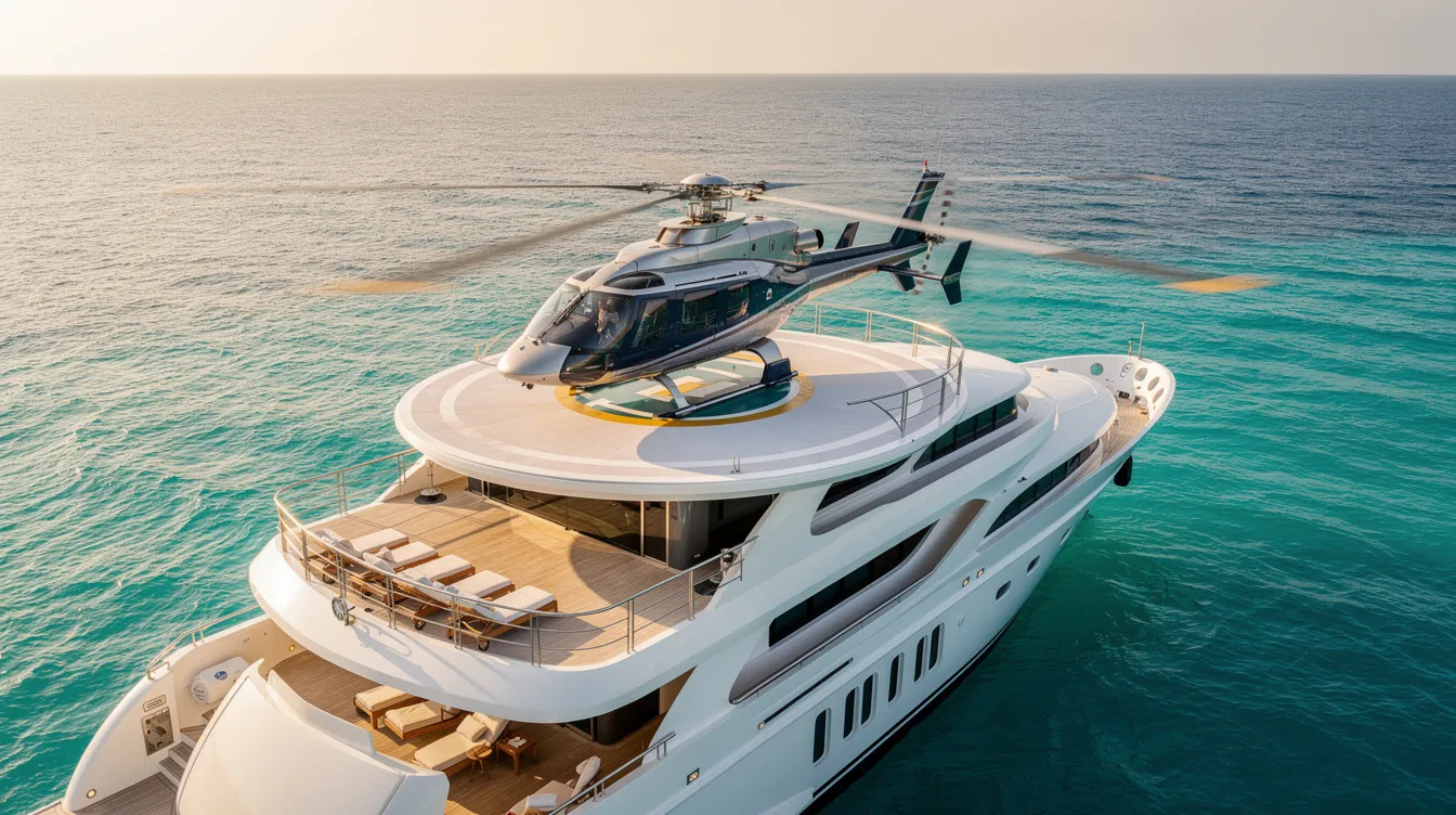 A luxury helicopter hovers above a large white yacht's helipad, surrounded by the stunning turquoise waters of the Pacific Ocean. This scene captures the elegance of aviation against the backdrop of a serene ocean landscape.
