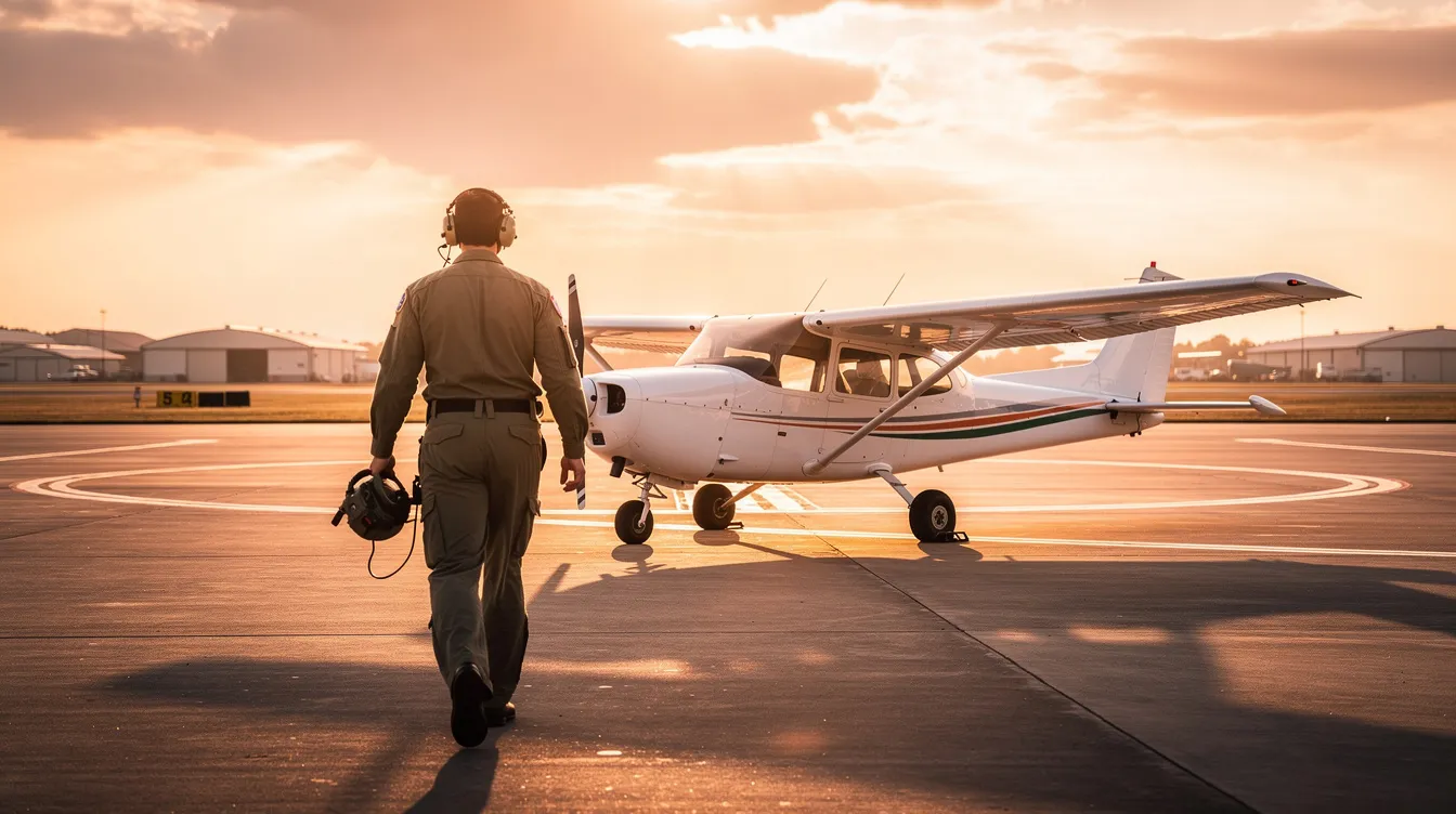A pilot is seen walking toward a small, single-engine training aircraft on the tarmac during a beautiful golden hour sunset. This moment captures the essence of an aspiring pilot's aviation journey, highlighting the forgiving flight characteristics and excellent visibility of beginner airplanes like the Cessna 172 Skyhawk.