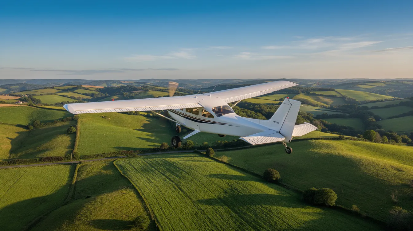 A white high-wing Cessna airplane, known for its forgiving flight characteristics, soars gracefully over lush green rolling hills on a clear day, providing an ideal setting for novice pilots and aspiring aviators during their training flights. The aircraft, a popular choice among flight schools, exemplifies excellent visibility and stable performance, making it a great option for primary and instrument training.