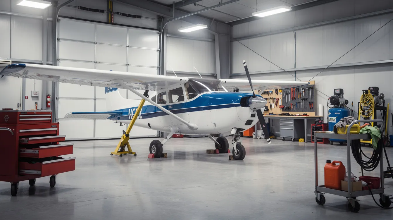 A small single-engine training aircraft is parked inside a well-lit hangar, surrounded by various tools and maintenance equipment. This versatile airplane is ideal for novice pilots and aspiring aviators seeking forgiving flight characteristics during their flight training.