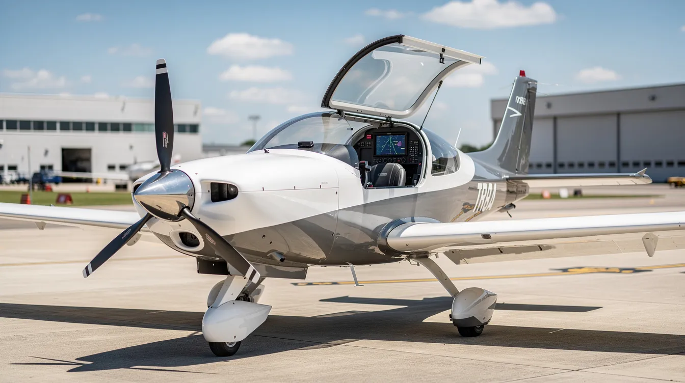 A sleek modern composite airplane with a bubble canopy is parked on a clean airport ramp, showcasing its low wing design and advanced avionics. This versatile training aircraft is ideal for novice pilots and aspiring aviators seeking forgiving flight characteristics during their primary and instrument training.