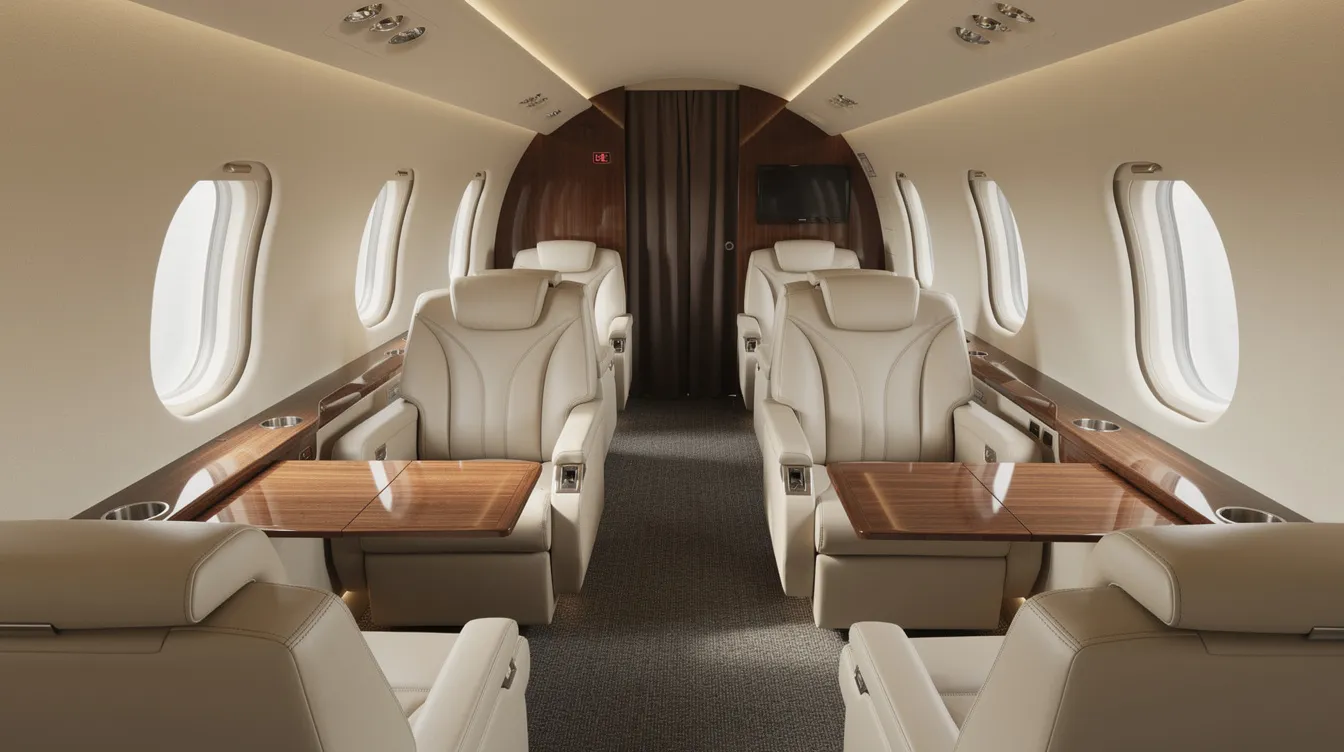 The image showcases the luxurious interior of a super-midsize private jet, featuring cream leather club seating and elegant wood grain tables, ideal for business travelers seeking a premium experience. This first class cabin offers an inviting atmosphere for relaxation and comfort during flights.