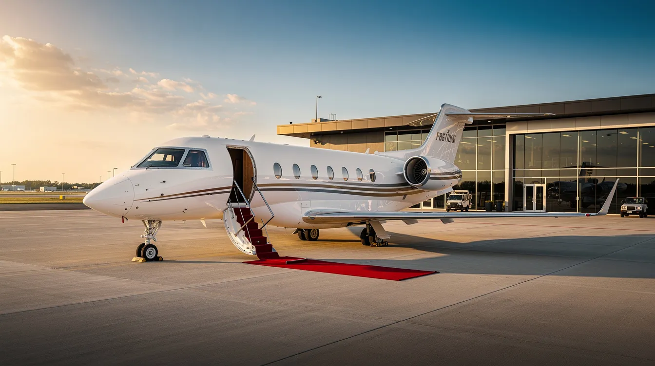 A sleek private jet is parked at a small Fixed Base Operator (FBO) terminal, with a luxurious red carpet extended to the cabin door, suggesting an exclusive experience for first class passengers. The scene exudes an atmosphere of premium service and elegance, ideal for business travelers seeking a refined travel experience.