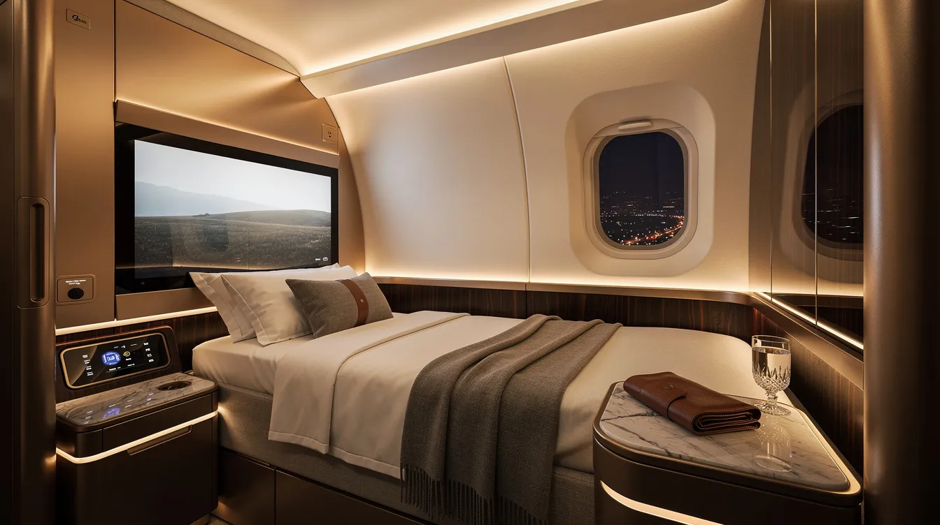 The image depicts the interior of a luxurious first class airline suite featuring a spacious lie-flat bed, ambient lighting, and elegant design elements that cater to first class passengers. This premium cabin offers an exclusive atmosphere, ideal for travelers seeking the best first class service on long haul international flights.