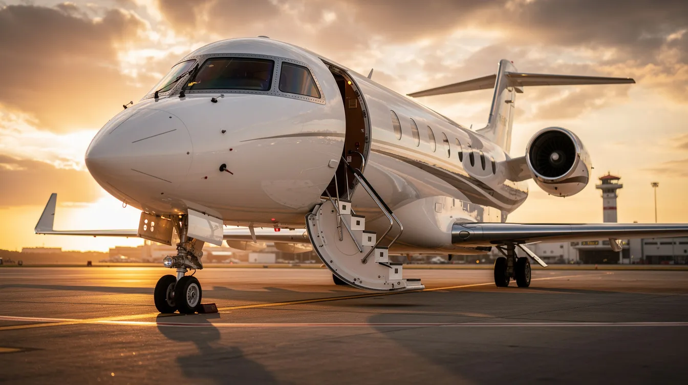 A private jet is parked on the tarmac at sunset, with its boarding stairs extended, ready for first class passengers to embark on their journey. The scene captures the luxury and exclusivity often associated with flying first class, reminiscent of experiences offered by airlines like United Airlines.
