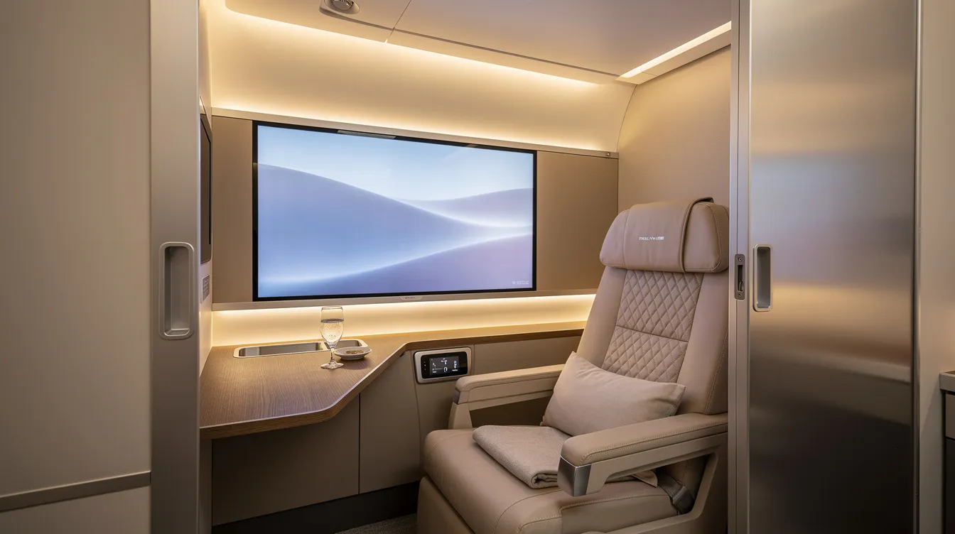 The image depicts a luxurious United Airlines first class suite featuring a partially closed privacy door, a large entertainment screen, and soft ambient lighting, creating a serene and comfortable atmosphere for first class passengers. The suite is designed for ultimate personal space and includes amenities that enhance the flying experience on long haul international flights.