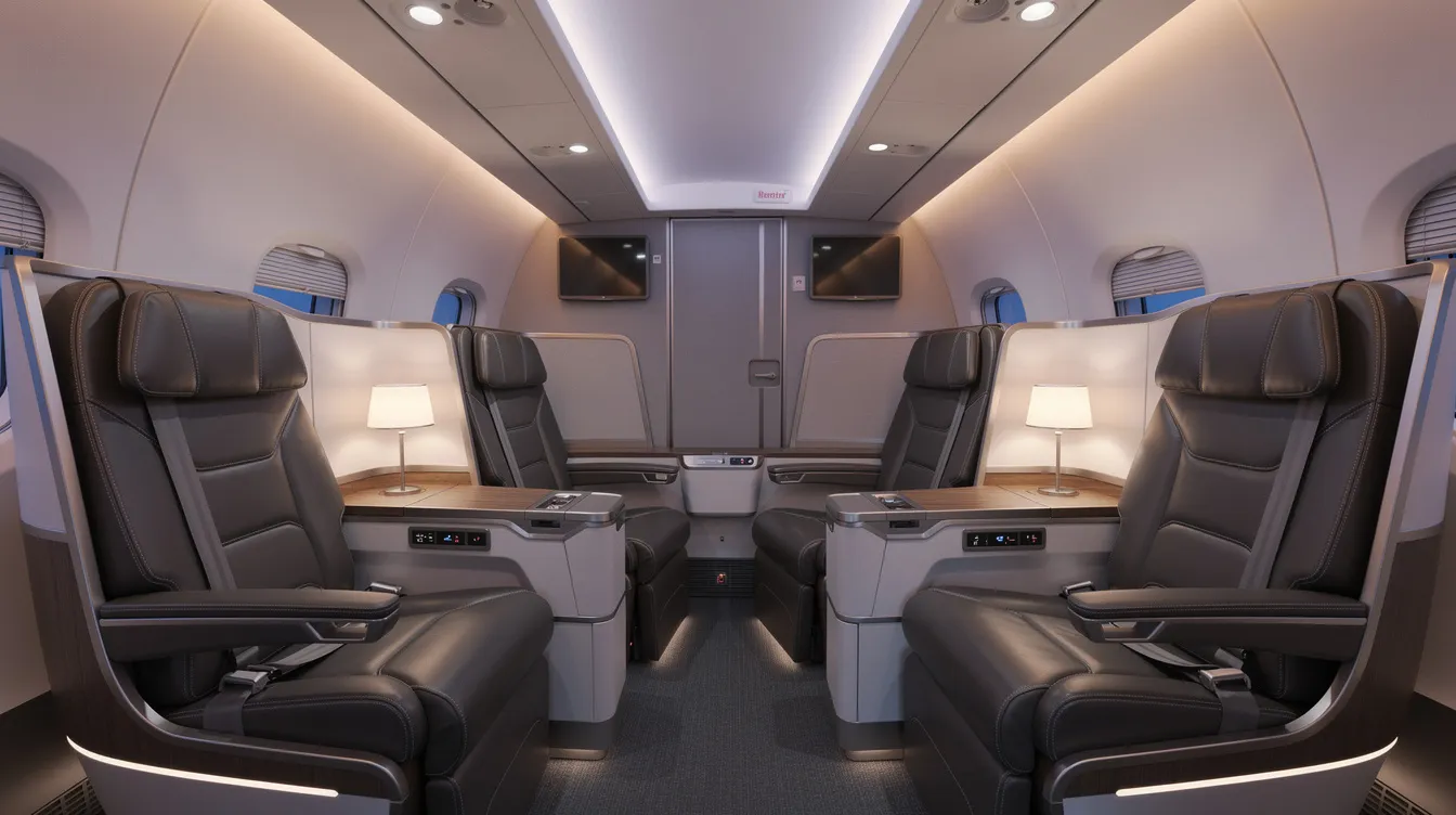 The image depicts the interior of a modern United Airlines premium cabin, showcasing spacious, reclined leather seats with soft cabin lighting, designed for first class passengers. This luxurious setting emphasizes comfort and elegance, ideal for long haul international flights, complete with amenities such as full meal service and priority boarding.