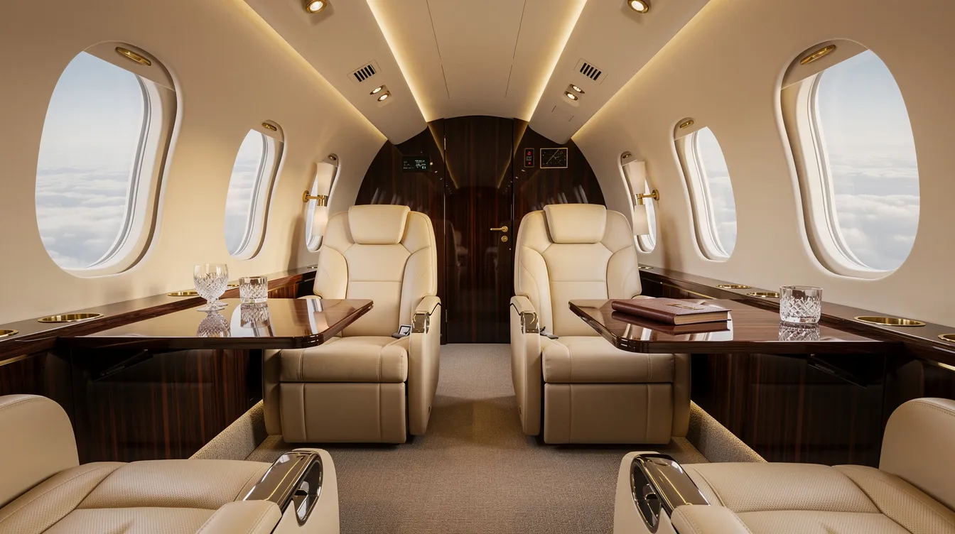 The image showcases the interior of a luxurious private jet cabin, featuring cream leather seats and polished wood accents, embodying the elegance of executive jet aviation. This serene space is designed for discerning travelers, highlighting the comfort and sophistication that private aviation offers.