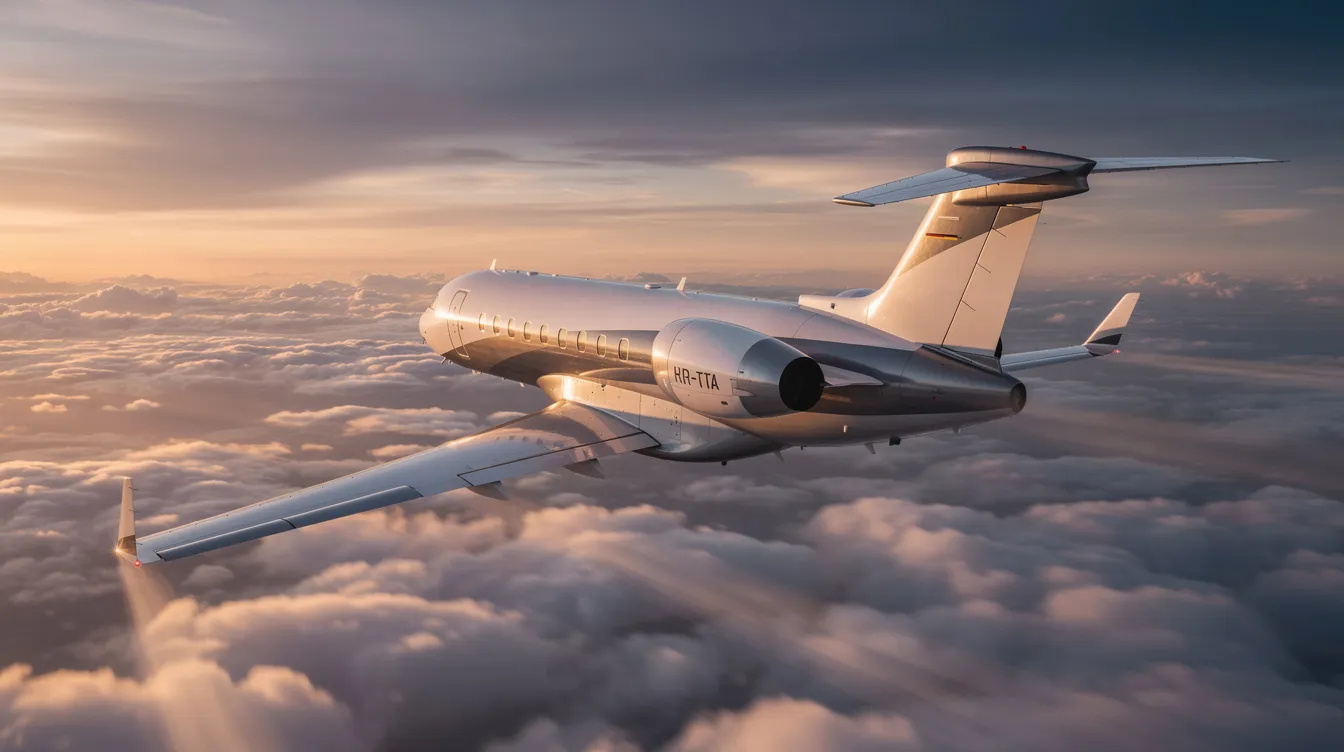A sleek modern private jet is soaring above fluffy clouds, illuminated by the warm hues of a sunset. This image captures the essence of luxury travel and executive jet aviation, showcasing the beauty and elegance of the aircraft as it navigates the skies.