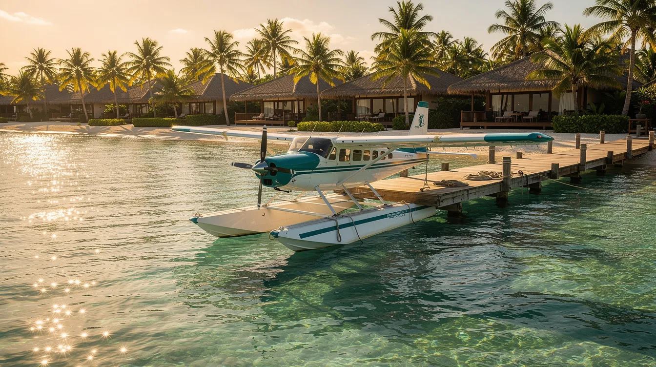 A small amphibious aircraft is docked at a tropical resort pier, surrounded by clear turquoise water. The scene captures the essence of adventure and relaxation, showcasing the unique design of this flying boat as it awaits its next flight.
