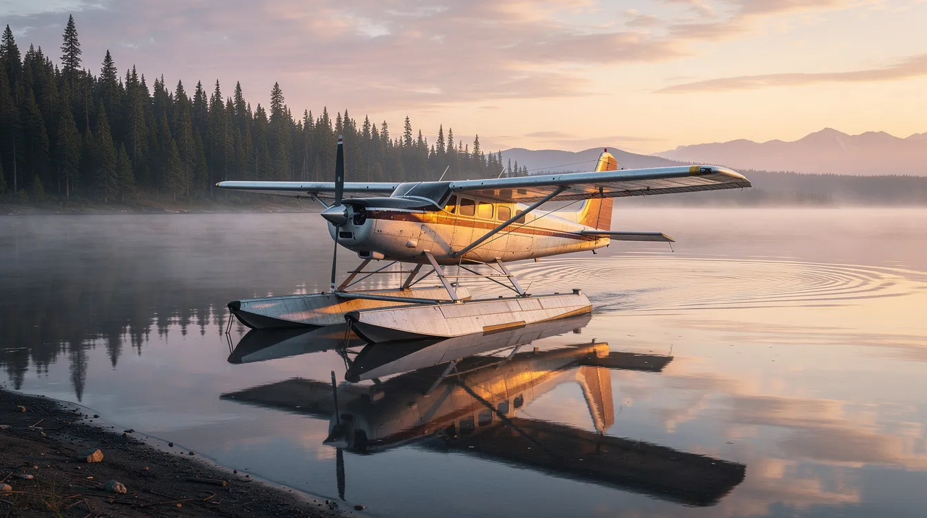 A rugged floatplane, an amphibious aircraft, rests on calm water near a lush forested shoreline, illuminated by the warm hues of sunrise. The serene scene captures the essence of adventure and tranquility, showcasing the beauty of amphibious flying.