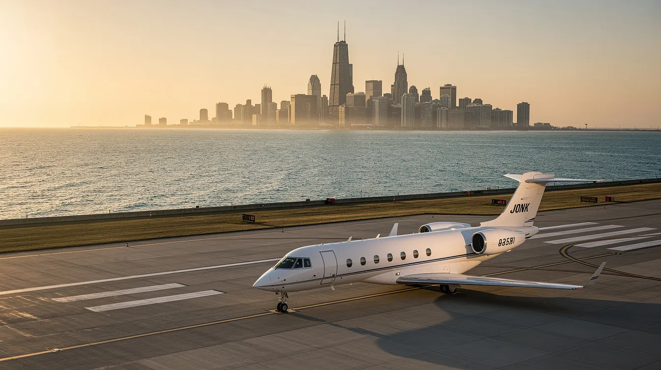 A sleek private jet is parked on a runway, with the stunning Chicago skyline visible across Lake Michigan in the background. This scene captures the essence of luxury private jet travel, highlighting the proximity to downtown Chicago and the vibrant atmosphere of the Windy City.