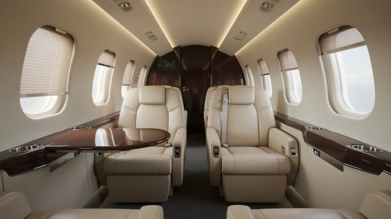 The image depicts the interior of a midsize private jet cabin featuring plush leather seats arranged in a club configuration, providing a luxurious atmosphere for travelers. This setting is ideal for private jet charter flights, offering comfort and style for trips to destinations like Chicago or beyond.