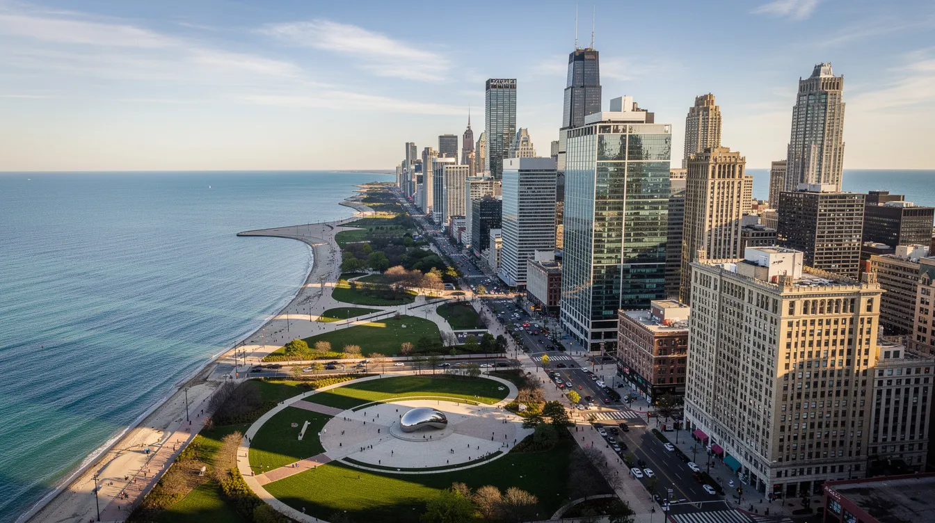 An aerial view of downtown Chicago showcases the stunning skyline with iconic skyscrapers, including the Sears Tower, alongside the serene lakefront and Millennium Park. This vibrant scene captures the essence of the Windy City, a popular destination for private jet travel and charter flights.
