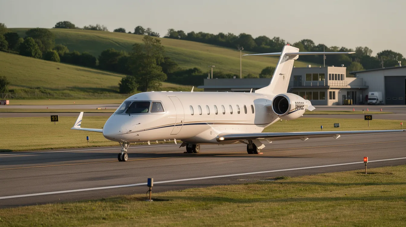 A sleek midsize private jet is taxiing on a runway at a small regional airport, surrounded by lush green hills. This modern private aircraft showcases the elegance and efficiency of contemporary aviation, contrasting with the tranquil natural scenery.