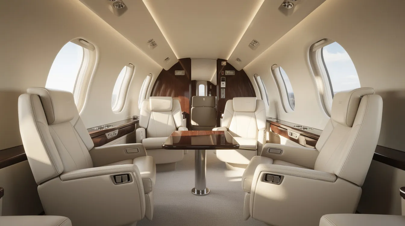 The image features the interior of a sleek private jet cabin, showcasing cream leather seats arranged in a club configuration, bathed in natural light streaming through oval windows. This luxurious space offers a sense of personal comfort, typical of modern private aircraft designed for an exclusive flying experience.