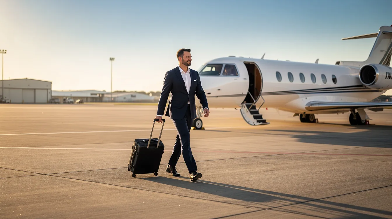 An executive carrying a small bag walks confidently across a sunlit private airport tarmac towards a sleek small jet, showcasing the appeal of personal aircraft for efficient travel. The scene highlights the convenience and luxury of private jet flights, emphasizing the allure of the best-selling personal aircraft for business and leisure.