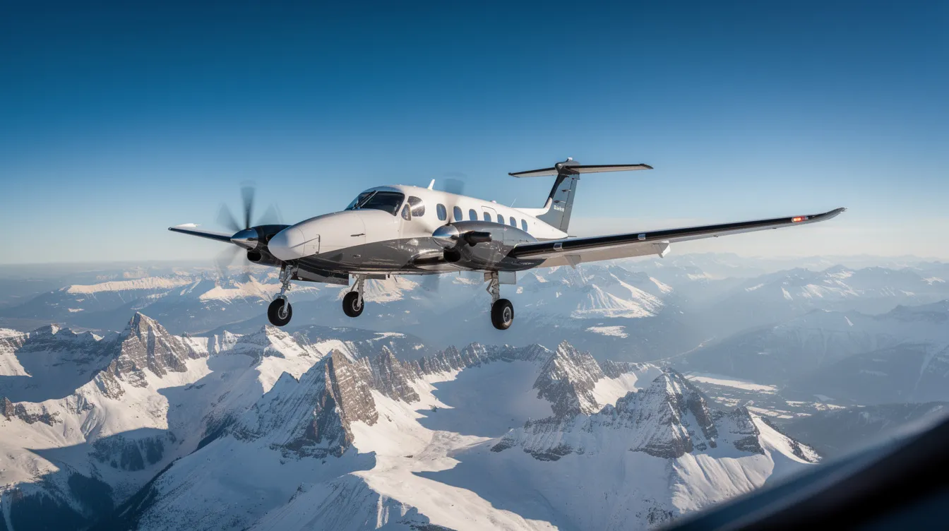 A single-engine turboprop aircraft soars over majestic snow-covered mountain peaks under a clear blue sky, showcasing the beauty of light aircraft flying. This scene captures the essence of personal aircraft, highlighting its ability to conduct cross country flights with efficiency and grace.