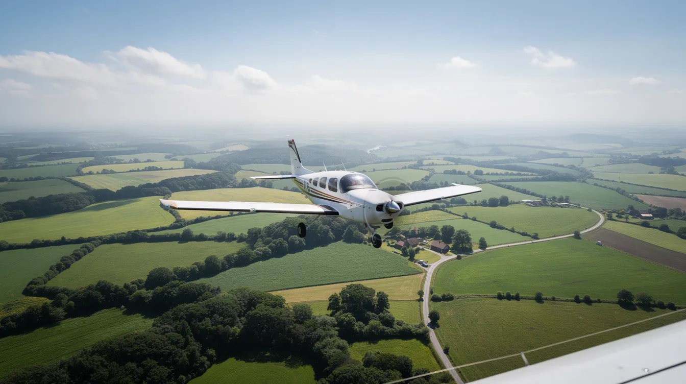 A small private aircraft, resembling a light sport aircraft, soars over lush green countryside on a sunny day, showcasing its sleek design and cruising speed from a slightly elevated angle. This scene captures the essence of personal aircraft ownership and the joy of flying in a peaceful, scenic environment.
