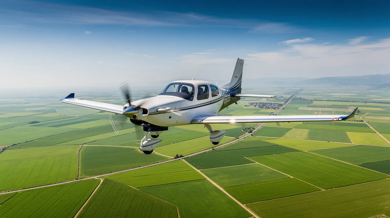 A high-performance single-engine propeller aircraft glides gracefully above a patchwork of vibrant green agricultural fields on a clear day, showcasing its sleek design typical of popular personal aircraft. This light sport aircraft is ideal for personal aircraft owners seeking efficient performance and an enjoyable flying experience.