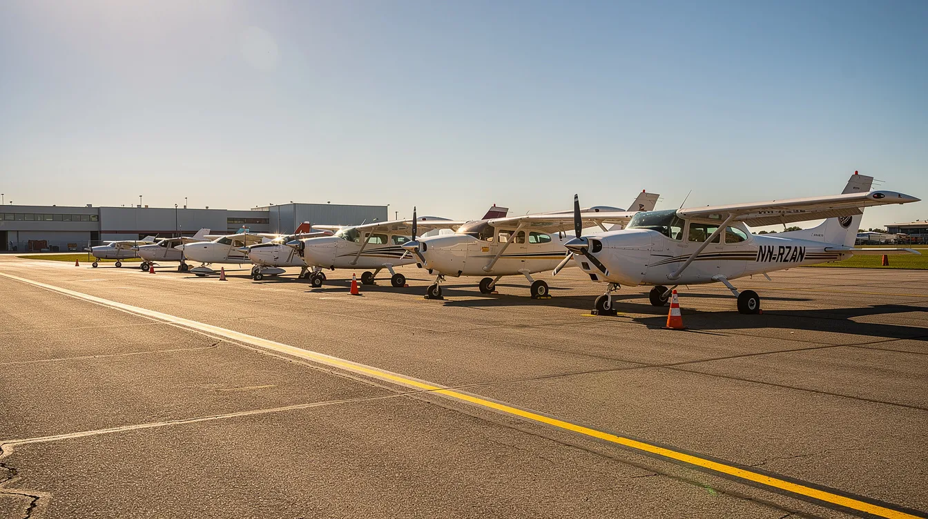 The image shows several small single-engine airplanes parked in a neat row on a sunny airport tarmac, ideal for private pilots and novice pilots alike. These aircraft, known for their easy handling and stable performance, are popular choices among new pilots and flight schools.