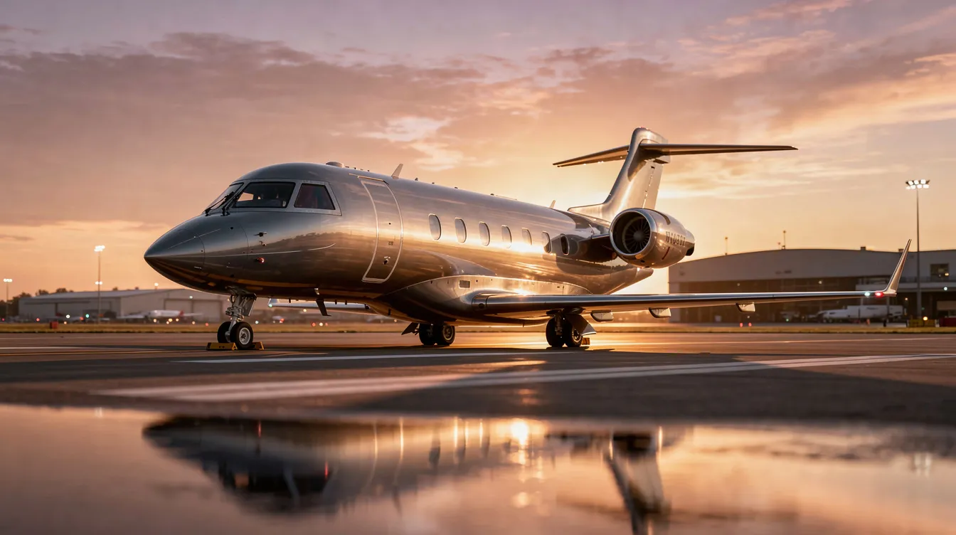 A sleek private jet is parked on a runway at sunset, bathed in warm golden light, showcasing its modern design and advanced avionics. This aircraft, ideal for novice pilots and aircraft owners alike, represents the easiest plane to fly with its stable handling and excellent visibility.