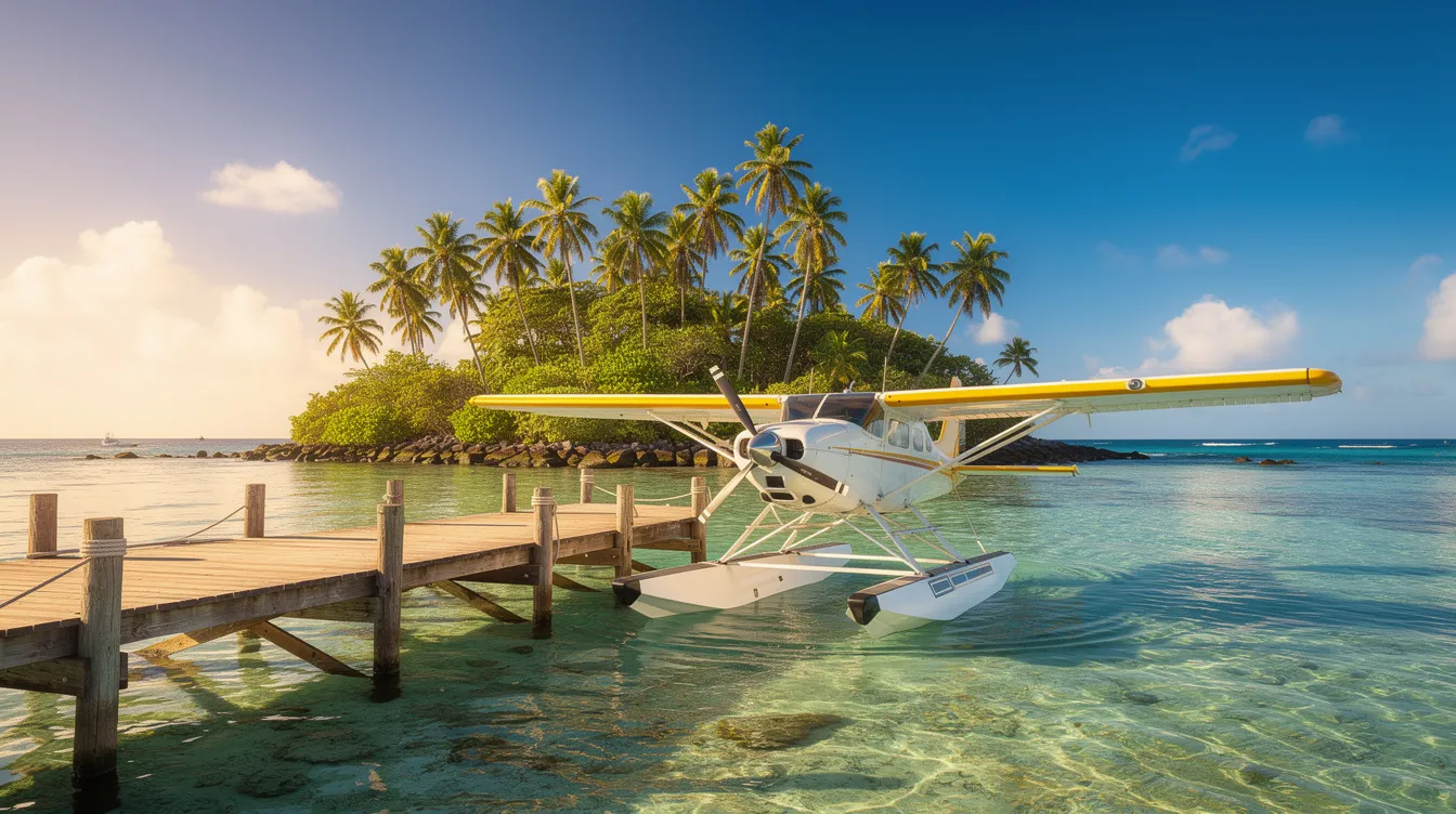 A seaplane is docked at a wooden pier beside a tropical island adorned with palm trees, surrounded by crystal-clear turquoise water, showcasing the idyllic setting for water operations. This picturesque scene highlights the unique capabilities of amphibious aircraft, perfect for accessing remote locations.