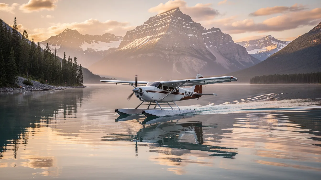 A floatplane glides gracefully over a pristine mountain lake, surrounded by majestic snow-capped peaks, as the golden hour casts a warm glow over the scene. This amphibious aircraft showcases its unique capabilities in a serene setting, perfect for water operations and remote locations.