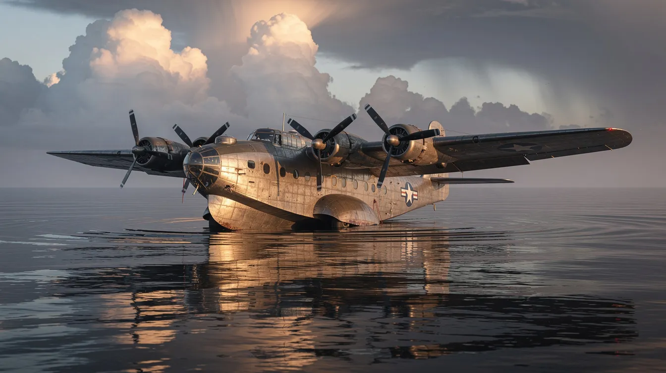 A vintage World War II-era flying boat is peacefully resting on calm ocean water, surrounded by dramatic clouds overhead. This iconic seaplane, known for its unique capabilities in water operations, showcases the beauty of amphibious aircraft design.