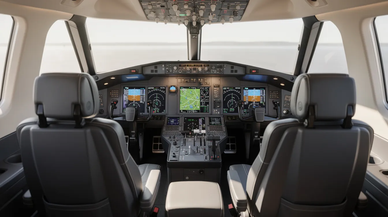 The image features a close-up view of a modern business jet cockpit, showcasing dual pilot seats and advanced avionics displays. This high-tech setup is designed for fixed-wing aircraft, emphasizing the importance of pilot certification and aircraft systems in the aviation industry.