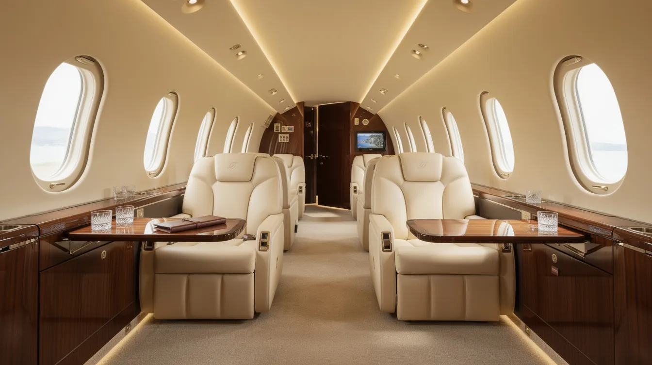 The image showcases the luxurious interior of a heavy private jet cabin, featuring elegant cream leather seats complemented by rich wood accents, emphasizing comfort and sophistication in the aviation industry. This opulent setting reflects the high standards often associated with aircraft certification categories for private jets.