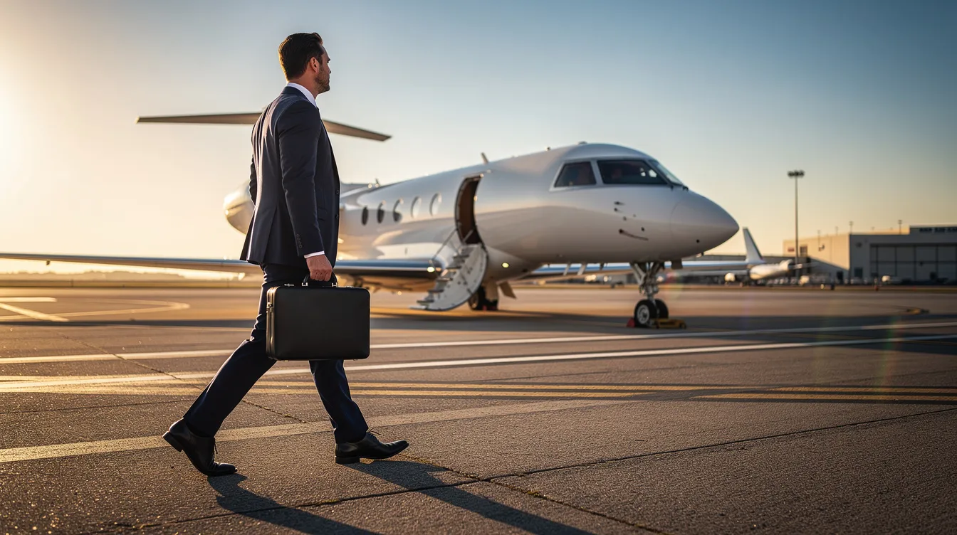 A business executive is walking confidently toward a private jet on a sunlit runway, showcasing the luxury of fixed wing aircraft. The scene highlights the aviation industry, emphasizing the elegance and efficiency of private air travel.