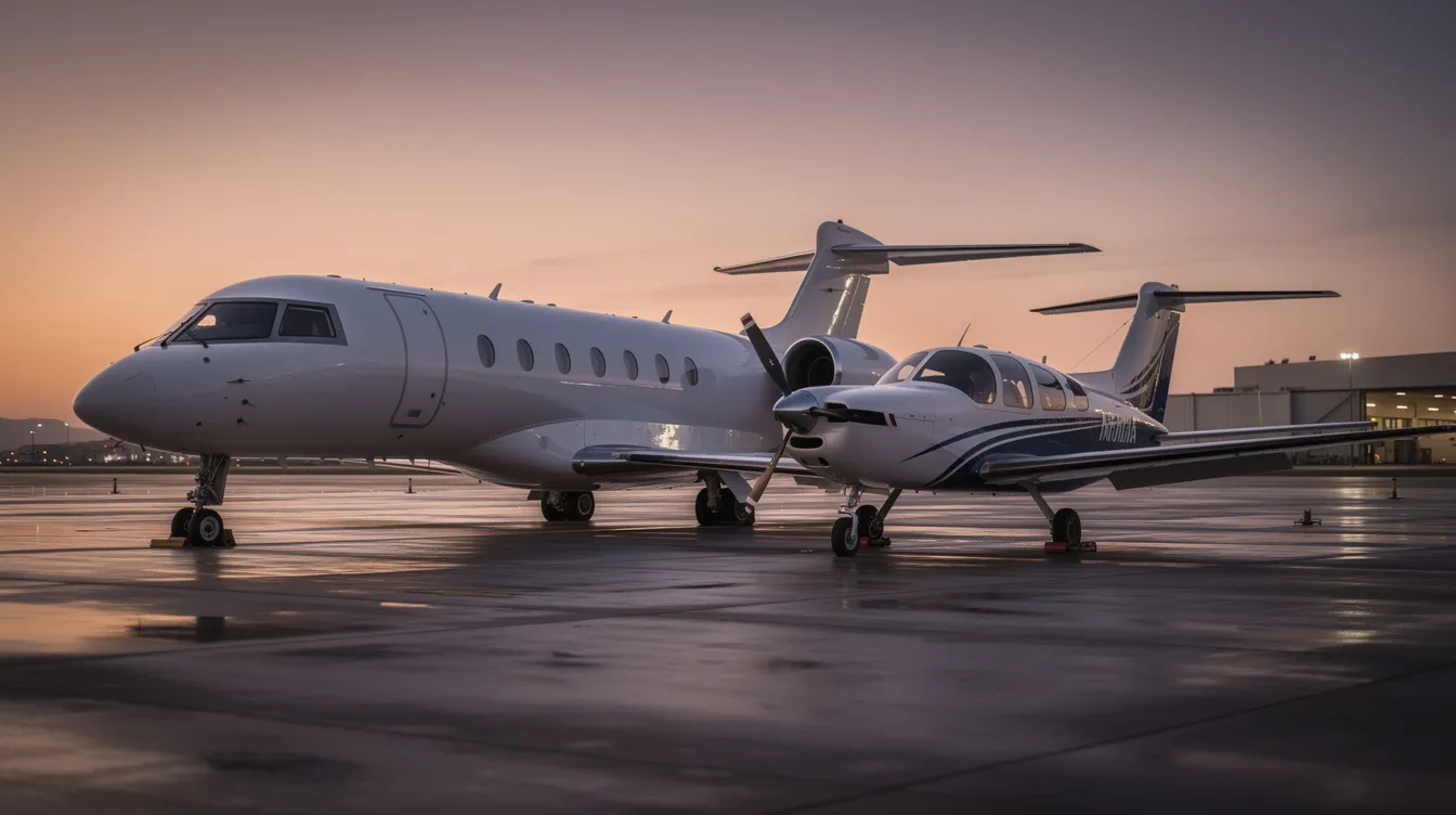 A sleek private jet and a small single engine piston aircraft are parked side by side on an airport tarmac at dusk, showcasing the contrast between the modern jet aircraft and the efficient performance of the single engine planes. The scene captures the essence of personal and business travel, highlighting the impressive fuel efficiency and operational simplicity of general aviation.