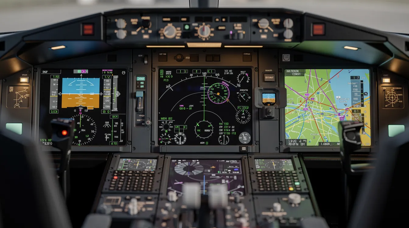A close-up view of a modern glass cockpit reveals multiple digital displays, including flight instruments and navigation maps, showcasing cutting-edge features designed for single engine piston aircraft. This advanced cockpit enhances situational awareness for pilots, making it ideal for flight training and personal travel.
