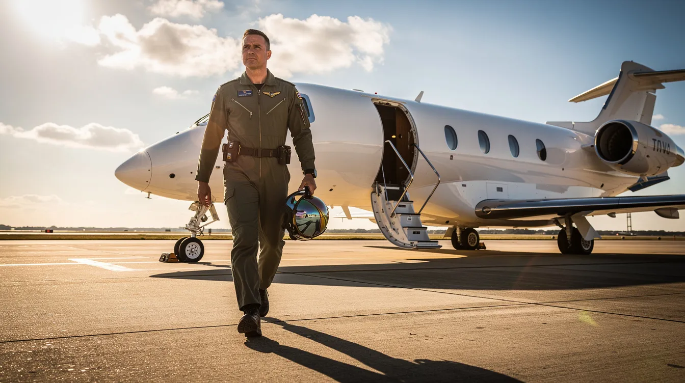 A pilot in a flight suit is walking toward a sleek private jet on a sunlit tarmac, ready for a journey in this impressive single engine aircraft. The scene captures the essence of personal and business travel, highlighting the operational simplicity and efficient performance of modern aviation.