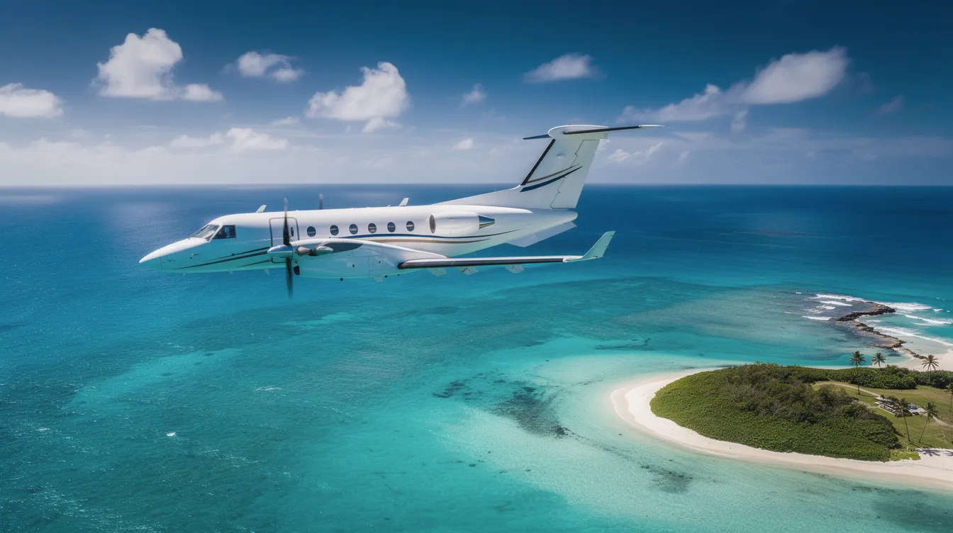 A private turboprop aircraft is soaring through the sky above a vibrant turquoise ocean, with a picturesque small island visible below. The propeller-driven aircraft, known for its efficiency and reliability, showcases its wings and propeller as it generates thrust during flight.