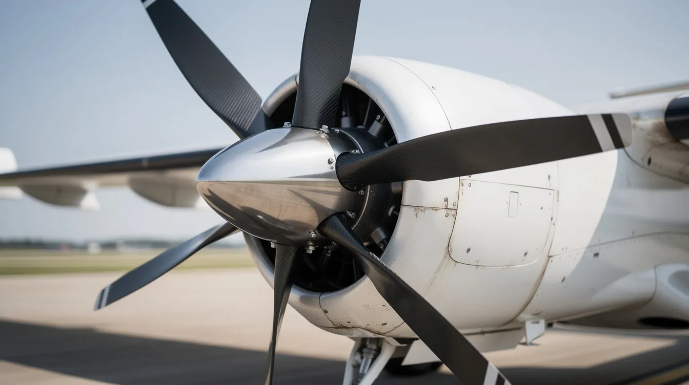 A close-up view of a five-blade composite propeller mounted on a turboprop engine nacelle, showcasing the intricate design and structure of the blades that generate thrust for propeller-driven aircraft. The propeller is directly connected to the turboprop engine, emphasizing its role in efficient flight and propulsion.