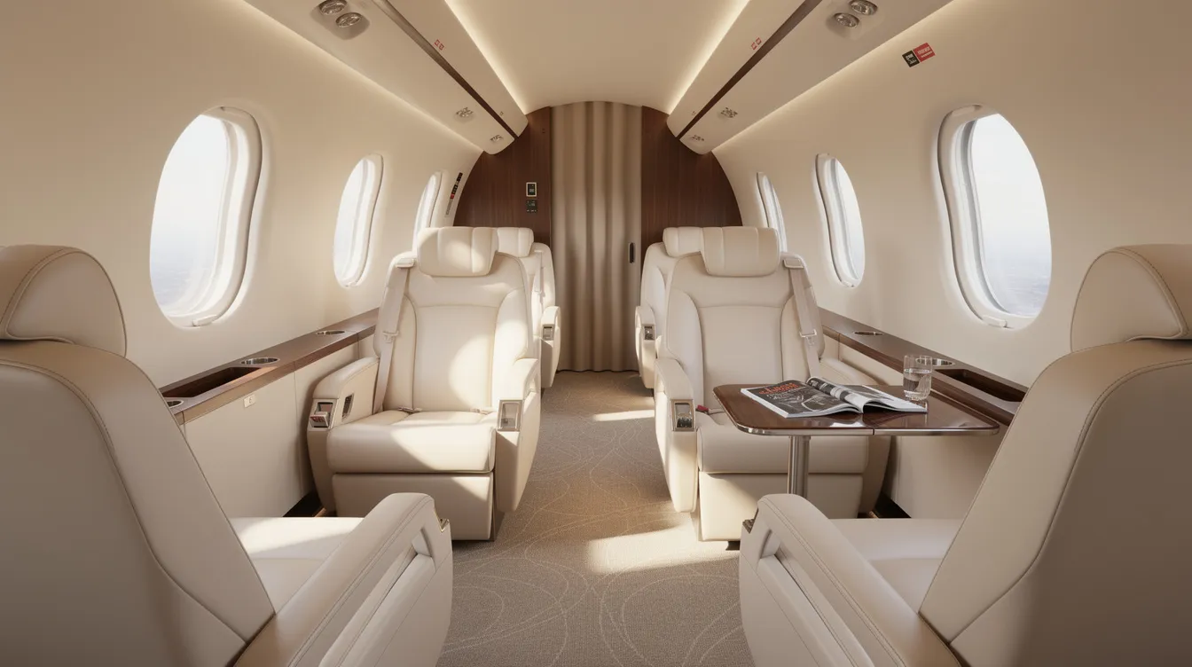 The image showcases the interior of a modern private jet cabin, featuring cream leather seats and ample natural light streaming through large oval windows. This spacious cabin design is typical of the Cessna Citation family, offering a luxurious and comfortable atmosphere for business aviation.