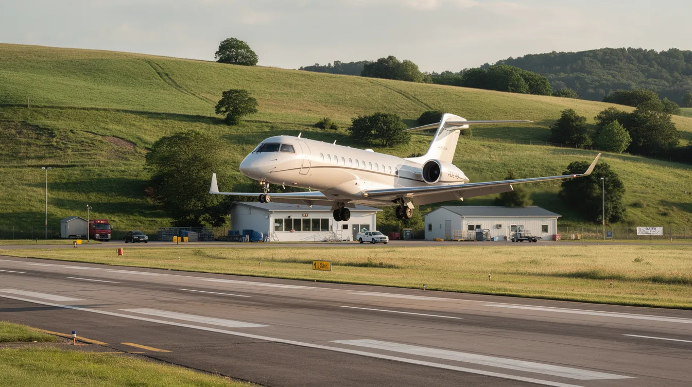 A small Cessna Citation jet is approaching a short runway at a regional airport, with lush green hills surrounding the area. This scene captures the essence of business aviation, highlighting the sleek design and capabilities of Cessna Citation models as they prepare for landing.