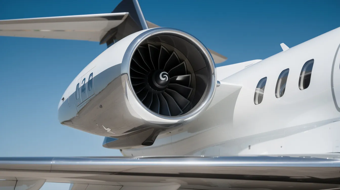 A close-up view of a modern turbofan engine mounted on a business jet is set against a clear blue sky, showcasing advanced aerodynamics and fuel-efficient design. This engine represents the latest in aviation technology, contributing to lower fuel consumption and reduced greenhouse gas emissions for more sustainable air travel.