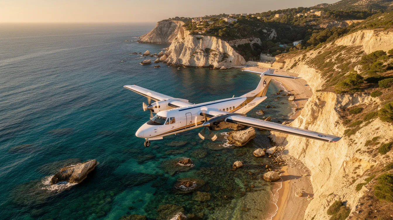 A turboprop aircraft flies low over a stunning Mediterranean coastline, showcasing crystal-clear waters below. This fuel-efficient aircraft exemplifies advancements in aviation, emphasizing improved fuel economy and reduced fuel consumption for sustainable air travel.