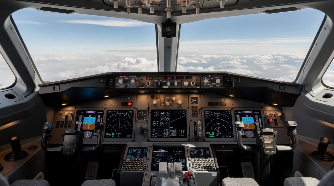 The image shows the view from inside a cockpit during cruise flight, with various flight instruments visible and fluffy clouds stretching out ahead. This perspective highlights the importance of fuel efficiency in aviation, as pilots monitor fuel consumption for optimal performance during long-haul flights.