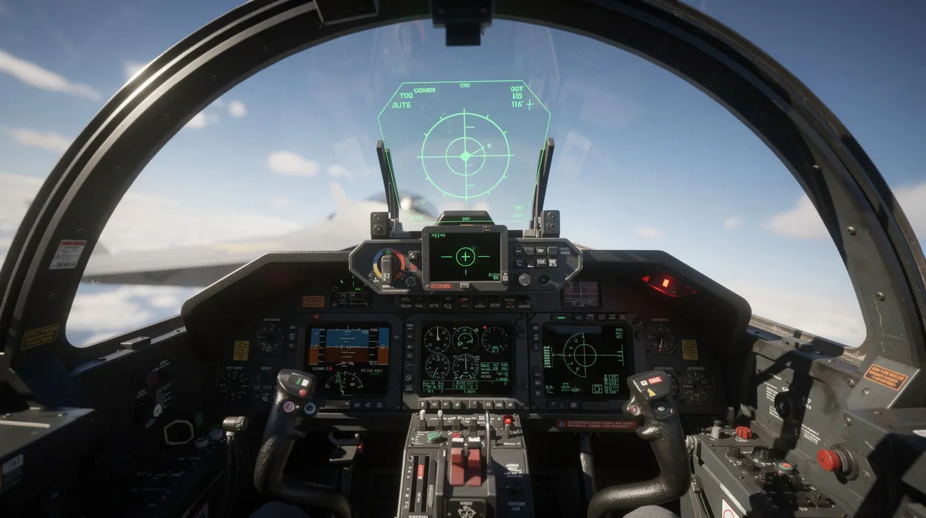 A close-up view of a fighter jet cockpit reveals an array of instruments and a heads-up display, showcasing the advanced technology used by pilots in modern aviation. This two-seater cockpit is designed for missions in games like Project Wingman, where players can experience the thrill of flying various aircraft.