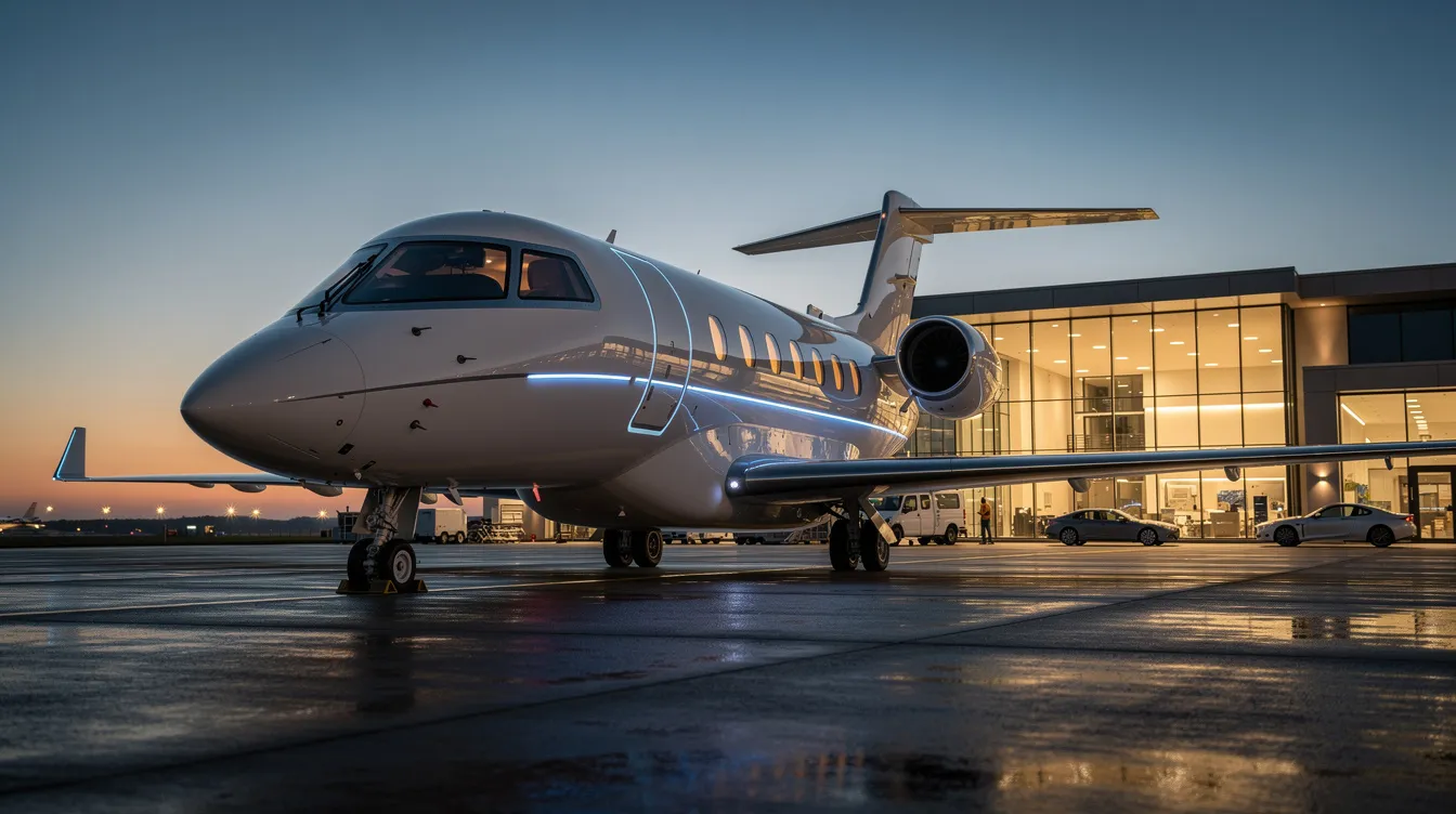The image features a sleek, futuristic private jet parked at a modern private aviation terminal during dusk, showcasing its advanced design and luxurious appeal. The setting highlights the jet's potential for high speeds and fuel efficiency, reminiscent of military aircraft like the F-15, but tailored for private jet travel.