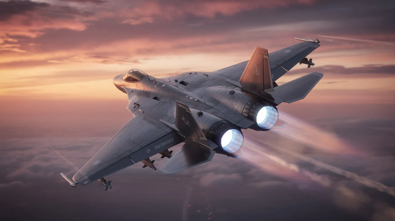 A twin-engine fighter jet, resembling a modern air superiority fighter, banks sharply with its afterburners glowing brightly against a vibrant sunset sky. This military aircraft, capable of reaching supersonic speeds, exemplifies the raw power and agility of advanced jet fighters in aerial combat.