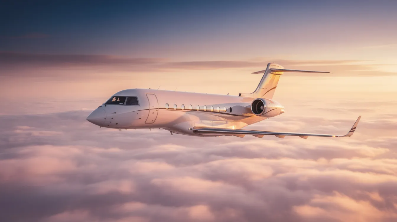 A sleek large-cabin private jet soars above a cloud layer at sunset, showcasing its elegant design and the vibrant colors of the sky. This scene captures the essence of private aviation, highlighting the luxury and freedom associated with flying at cruising altitude.
