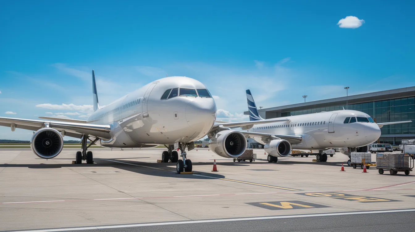 A wide-body aircraft and a narrow-body Boeing 737 Max, featuring the Boeing Sky Interior, are parked side by side on a sunny airport tarmac, showcasing their distinct sizes and designs. The scene highlights the modernity of Boeing commercial airplanes as they await their next flights.