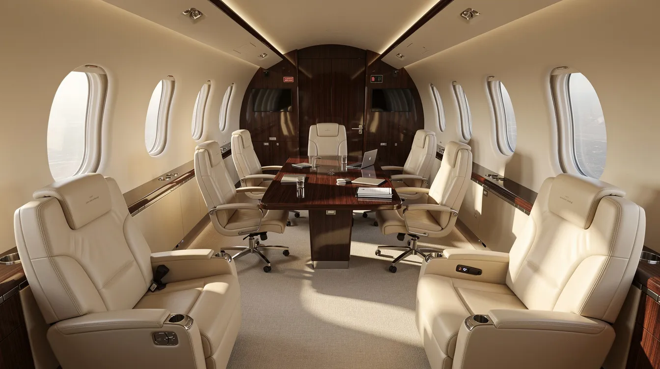 The image depicts the interior of a luxurious private jet cabin featuring plush leather seats arranged around a conference table, illuminated by natural light streaming through oval windows, creating an inviting and spacious atmosphere. This elegant design reflects the premium seating and cabin space often associated with high-end aircraft like the Boeing 737 Max family.